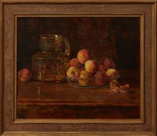Joseph Henry Boston (1860-1954, American), "Still Life with Peaches," early 20th c., oil on canvas, signed upper right, presented in a wide gilt frame