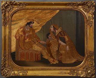 Rare Continental School, "Mother and Children Before the King," 19th c., multi-media, oil on canvas, with thread decoration, presented in a period gil