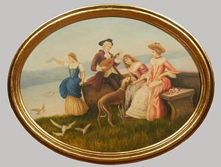Chinese School, "A Day at the Beach," 20th/21st c., oval oil on panel, presented in a wide stepped gilt frame, H.- 22 3/8 in., W.- 43 in.