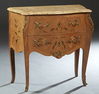 French Louis XV Style Inlaid Mahogany Ormolu Mounted Marble Top Bombe Commode, early 20th c., the ogee edge rounded corner figured beige bowfront marb