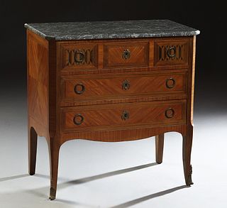 French Louis XVI Style Inlaid Mahogany Marble Top Commode, c. 1920, the ogee edge canted corner highly figured gray marble over three drawers, on squa