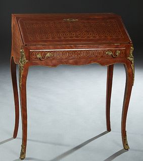 Louis XV Style Ormolu Mounted Parquetry Inlaid Mahogany Slant Front Secretary, 20th c., the slant lid with an inset gilt tooled leather writing surfac