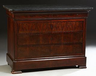 French Provincial Louis Philippe Carved Mahogany Marble Top Commode, 19th c., the rounded corner figured black marble over a cavetto frieze drawer abo