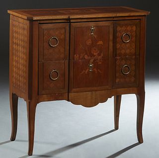 French Louis XV Style Inlaid Carved Mahogany Commode, 20th c., the canted corner marquetry inlaid and basket weave top over two deep like inlaid break
