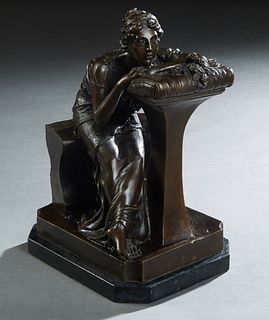 Continental School, "Seated Classical Woman with Flowers," 20th/21st c., patinated bronze on an integral plinth, mounted on a figured black marble bas