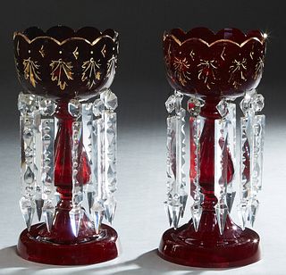 Pair of Ruby Glass Lusters, 19th c., with gilt floral decoration and long spear prisms, H.- 13 1/4 in., Dia.- 6 1/8 in.