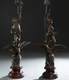 Pair of Large Patinated Spelter Figural Lamps, c. 1900, consisting of "La Vapeur," and "L'Electricite," the first with a classical man with a caduceus
