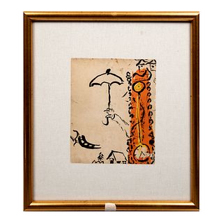 MARC CHAGALL The umbrella and the clock, 1975 Sin firma Litografía sin número de tiraje Enmarcada 43 x 39 cm