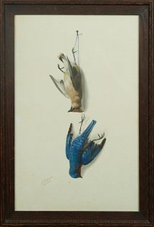 George Louis Viavant (1872-1925, New Orleans), "Cedarwax Wing and Eastern Blue Bird," 1913, watercolor, signed and dated lower left, presented in a st