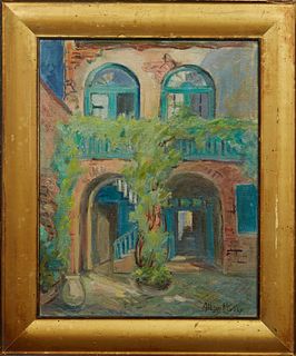 Alberta Kinsey (1875-1952, New Orleans), "Le Petit Theatre Courtyard, French Quarter," 20th c., oil on board, signed lower right, presented in a wide 