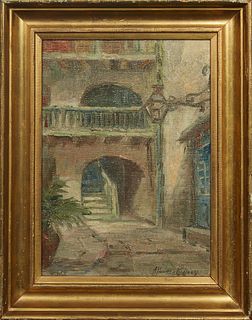 Alberta Kinsey (1875-1952, New Orleans), "Her Patio, 823 Royal St.," 20th c., oil on board, signed lower right, presented in a gilt frame, H.- 11 1/2 