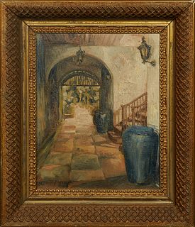 Lisette Moore (1912-1997, New Orleans), "The Spanish Court, New Orleans," 20th c., oil on board, signed lower left, presented in a gilt relief frame w