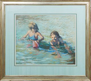 Don Wright (1938-2007, Louisiana), "Children at the Beach," 1981, pastel on paper, signed and dated lower right, presented in a silvered wood frame, H