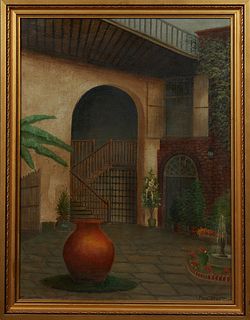 Paul Stotts (1872-1944, Tennessee), "Brulatour Courtyard, New Orleans," 20th c., oil on board, signed lower right, presented in a gilt frame, H.- 23 i