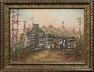 Paul Stotts (1872-1944, Tennessee), "Southern Cabin Family Scene," oil on board, signed lower right, presented in a gilt relief frame, H.- 8 3/4 in., 