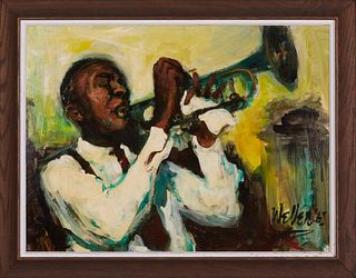 M. Dell Weller (1927-2017, New Orleans), "Jazz Trumpeter," 1965, oil on masonite, signed and dated lower right, presented in a wide oak frame, H.- 17 