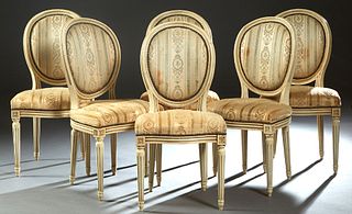 Set of Six French Louis XVI Style Polychromed Dining Chairs, 20th c., the curved canted upholstered back over a bowed cushioned seat, on turned tapere