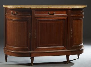 French Louis XVI Style Inlaid Carved Mahogany Demilune Marble Top Sideboard, early 20th c., the thick breakfront highly figured ocher marble over a ce