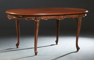French Louis XV Style Cherry Dining Table, 20th c., the oval basket weave inlaid top over an incised and carved skirt, on scrolled cabriole legs, with