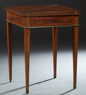 French Louis XVI Style Inlaid Mahogany Handkerchief Games Table, 19th c., the four leaves unfolding to a green baize lined gaming surface, over a frie