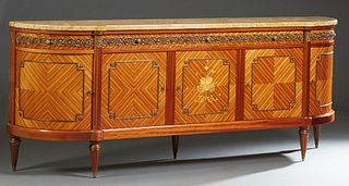 Louis XVI Style Carved Walnut Marble Top Sideboard, 20th c. the ogee edge highly figured ocher marble over three frieze drawers above triple cupboard 