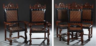 Set of Six (4 +2) French Renaissance Revival Carved Cherry Dining Chairs, 20th c.,the arched armorial carved crest over a leather back embossed with a