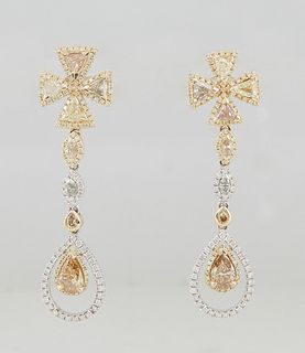Pair of 14K White and Yellow Gold Pendant Earrings, the cruciform yellow diamond mounted stud to yellow marquise diamond mounted shaped links, suspend