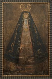 Cuzco School, "Our Lady of Solitude," 20th c., oil on canvas, presented in an ebonized frame, H.- 46 1/2 in., W.- 29 in., Framed H.- 51 1/4 in., W.- 3