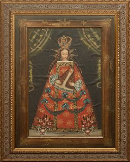 Cuzco School, "Madonna and Child," 20th c., oil on canvas, presented in a gilt frame, H.- 22 1/2 in., W.- 14 3/4 in., Framed H.- 34 1/2 in., W.- 27 in
