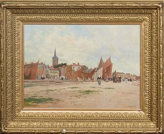 Luigi Loir (1845-1916, French), "On the Beach in a Harbor Town," 19th c., oil on board, signed lower right, presented in a gilt and gesso frame, H.- 1