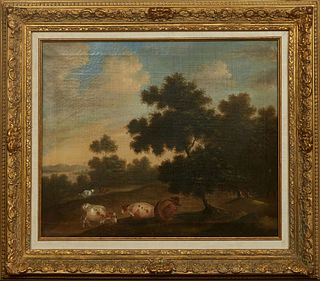 Attributed to Reverend Robert Woodley Brown (19th c., British), "Rural Landscape with Cows," oil on canvas, presented in a gilt and gesso frame, H.- 1