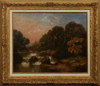 Attributed to Reverend Robert Woodley Brown (19th c., British), "Rural Landscape with Waterfalls," oil on canvas, presented in a gilt and gesso frame,