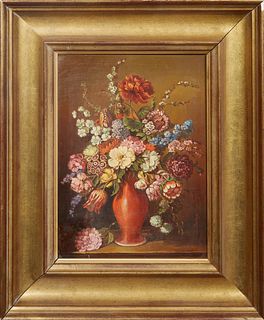 Continental School, "Still Life with Flowers," 19th c., oil on board, signed indistinctly lower left, presented in a gilt frame, H.- 15 1/4 in., W.- 1