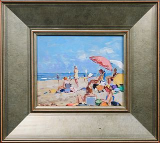 Niek van der Plas (1954-, Dutch), "Beach," 20th c., oil on board, signed lower right, presented in a gilt frame, branded en verso, H.- 5 ? in., W.- 6 