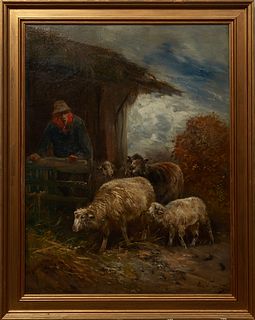 Henry Schouten (1857-1927, Belgium), "Sheep and Shepherd," 19th c., oil on canvas, signed lower right, presented in a wide gilt frame, H.- 31 1/4 in.,