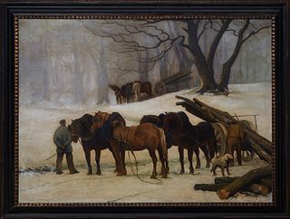 Amedee de Greef (1878-1968, Belgian), "Logging Scene," 20th c., oil on canvas, signed lower right, presented in a wide ebonized and gilt frame, H.- 38