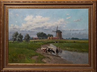 Frans Van Damme (1858-1925, Belgian), "Dutch Landscape with Cows and Windmill," 20th c., oil on canvas, signed lower left, presented in a wide gilt an