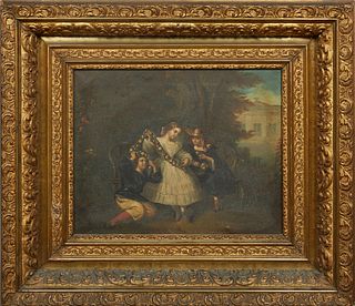 Continental School, "Children with a Floral Garland," 19th c., oil on canvas, unsigned, presented in a gilt wood frame, H.- 12 1/2 in., W.- 15 in., Fr