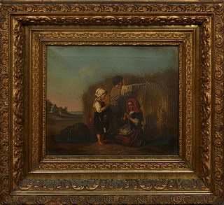 Continental School, "Harvesting Scene," 19th c., oil on canvas, unsigned, presented in a gilt wood frame, H.- 12 1/2 in., W.- 15 1/8 in., Framed H.- 2