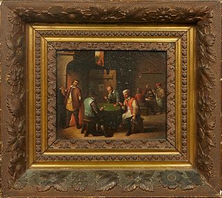 Continental School, "Tavern Scene," 19th c., oil on canvas, unsigned, presented in a gilt wooden frame, H.- 7 3/4 in., W.- 9 1/4 in., Framed H.- 16 1/