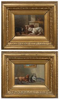 Joos Vincent de Vos (1829-1875, Belgian), "Les Trois Chiens," and "Le Chien et Le Chat," 19th c., pair of oils on board, both signed, and both present
