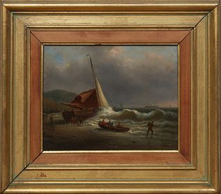 Francois Etienne Musin (1820-1888, Belgium), "Fishing Boats Near the Shore," 19th c., oil on panel, signed lower right, presented in a gilt and natura