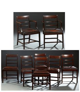 Set of Eight (6 +2) Inlaid Carved Mahogany Hepplewhite Style Dining Chairs, 20th c., the canted curved horizontal slat back over a trapezoidal leather