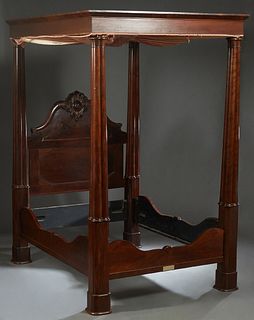 New Orleans Carved Rosewood Full Tester Bed, 19th c., probably by Prudent Mallard, the cluster column posts flanking an arched headboard with a leaf f