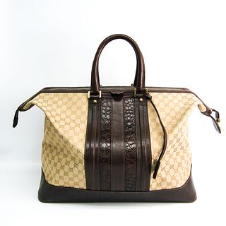 Gucci GG Canvas 124057 Unisex Leather,Canvas Boston Bag Beige,Dark Brown