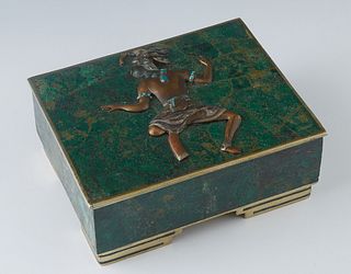 Mexican Malachite Copper and Silverplated Rosewood Lined Dresser Box, mid 20th c., by Castillo, Taxco, the top with a turquoise mounted relief copper 
