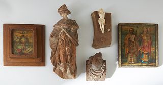 Group of Five Religious Items, 19th/20th c., consisting of a carved wood Santo; a print of an icon laid to panel; a carved wooden bust; a gilt on pape