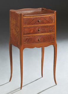 French Louis XV Style Marquetry Inlaid Rosewood and Mahogany Nightstand, early 20th c., the 3/4 galleried top over a bank of three drawers, on tapered