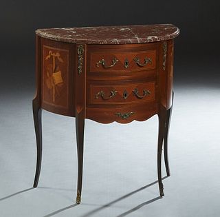 Diminutive French Louis XV Style Ormolu Mounted Inlaid Mahogany Oval Marble Top Commode, 20th c., the stepped edge demilune highly figured brown marbl