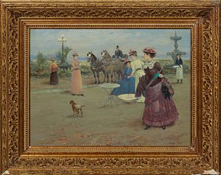 Juan De La Cruz Soler (1951- , Spain), "Parisian Park Scene," 20th c., oil on panel, signed lower right, presented in a gilt and gesso frame, H.- 11 1